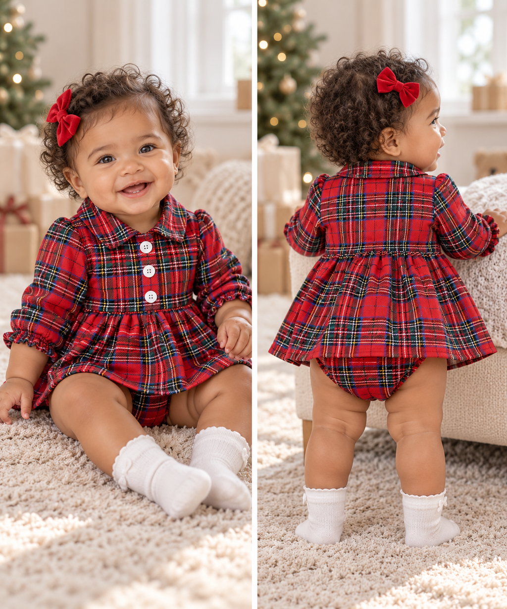 Baby Girl Red Tartan Plaid Long-Sleeve Skirted Romper