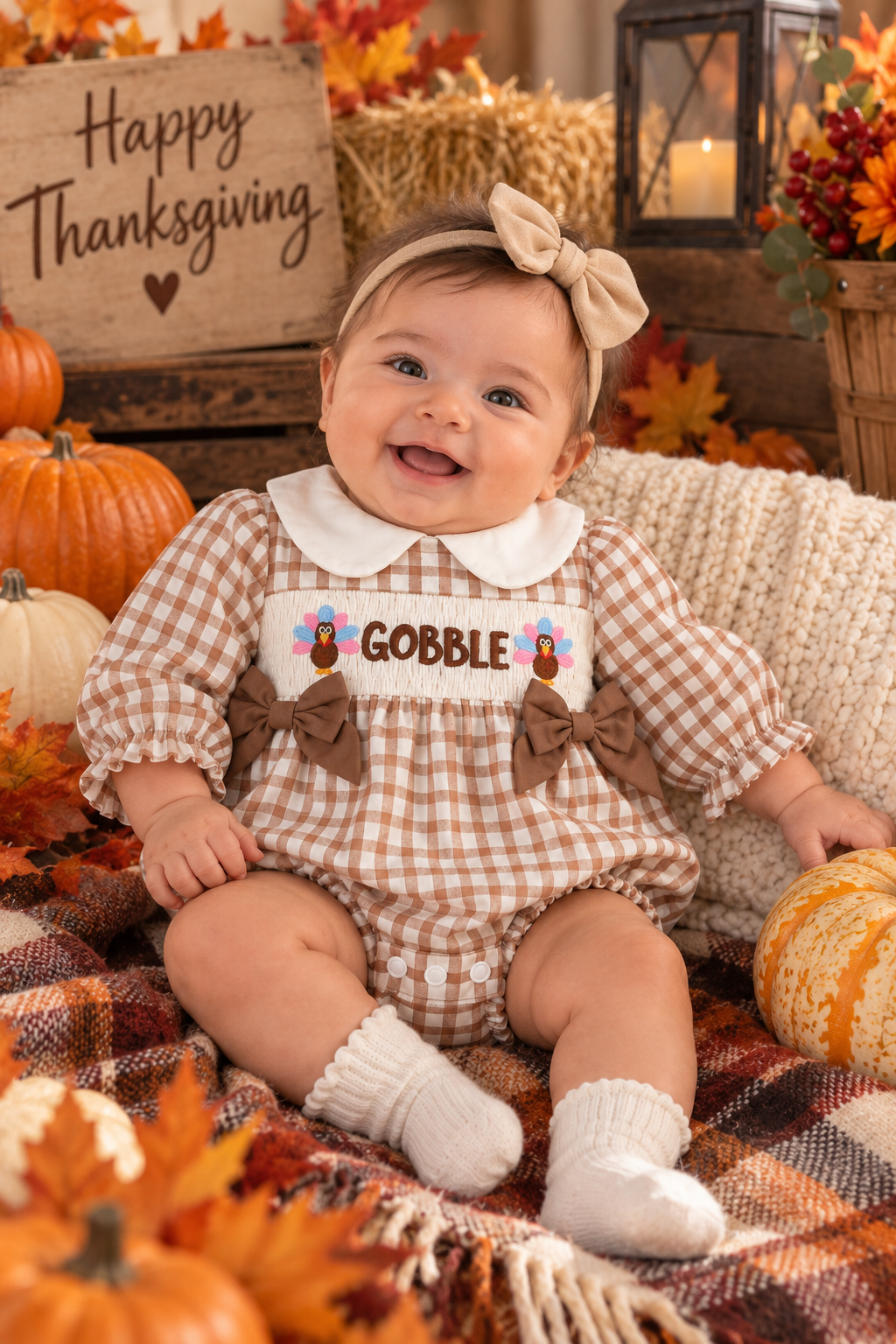 Thanksgiving “Gobble” Gingham Baby Bubble Romper