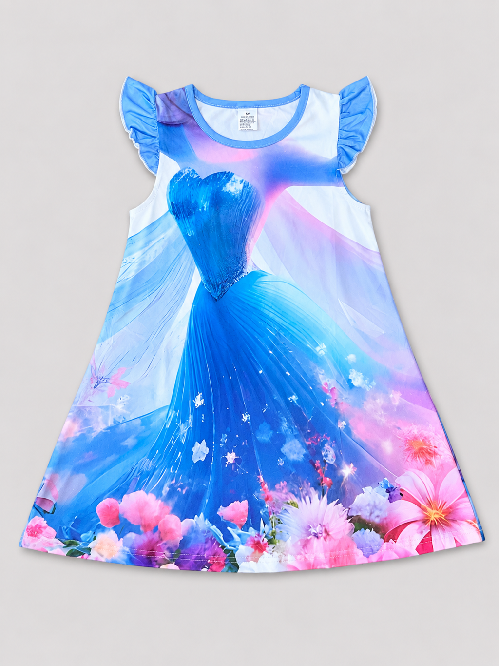 Girls Blue Gown & Floral Print Flutter-Sleeve Dress