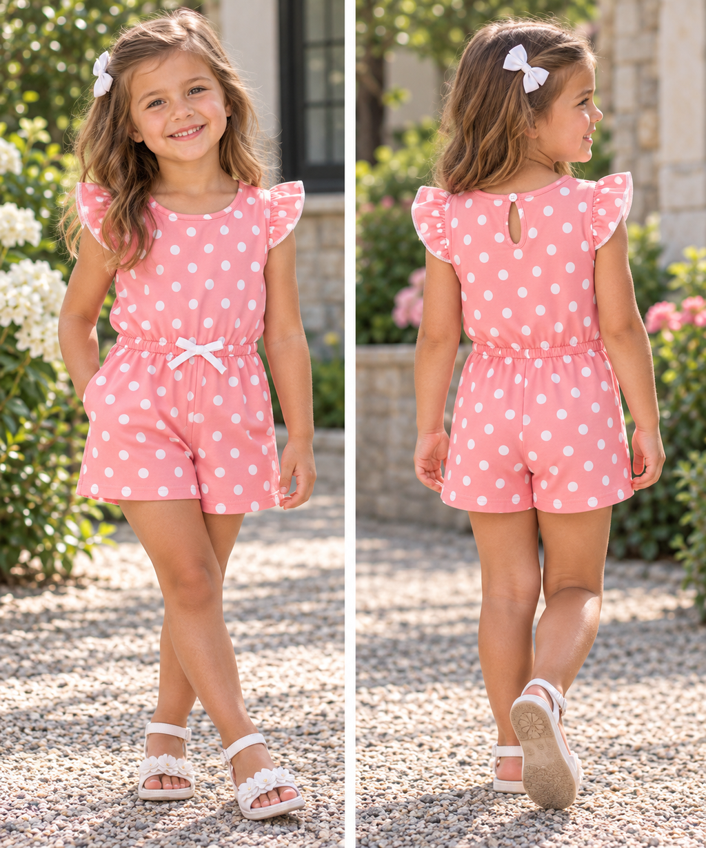 Girls Pink & White Polka Dot Ruffle Romper