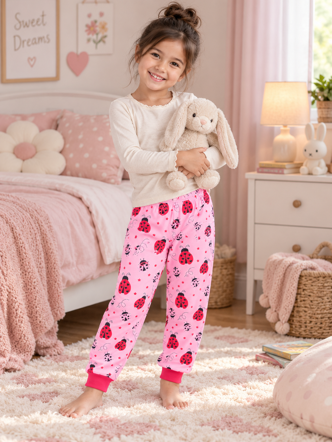 A young girl stands barefoot in a pink bedroom, wearing a cream long-sleeve top and pink pajama pants with a red ladybug print. She is holding a beige plush bunny toy.