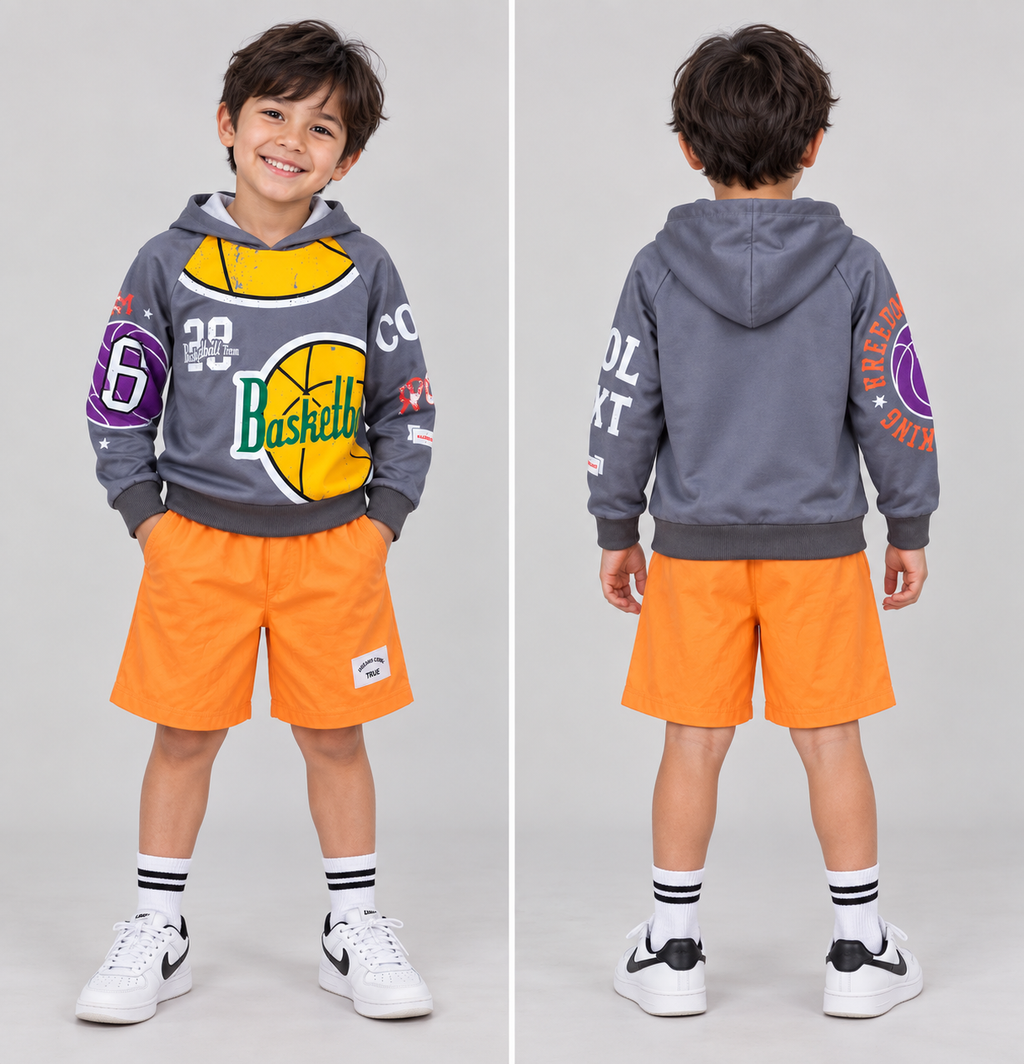 A young boy is shown from both the front and back wearing a gray basketball-themed hoodie with a yellow and green graphic, orange shorts, white socks, and white sneakers against a light gray studio background.