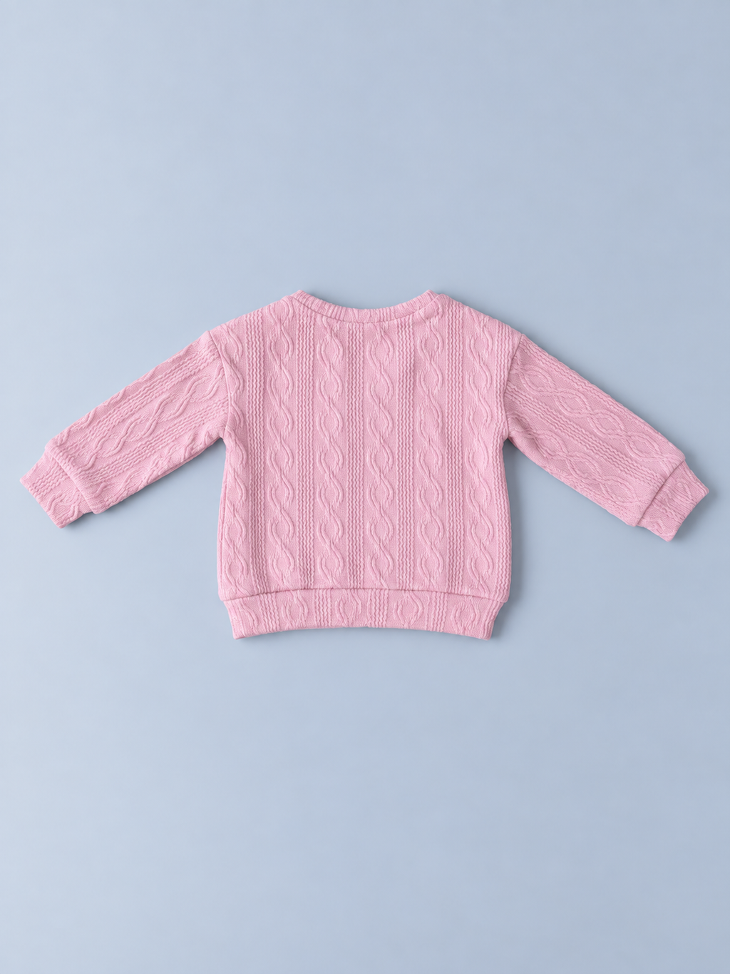 Back view of baby girls pink textured long-sleeve sweatshirt with cable-inspired pattern