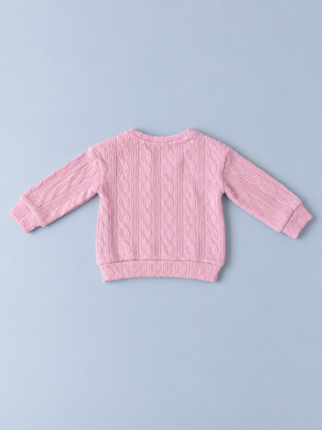 Back view of baby girls pink textured long-sleeve sweatshirt with cable-inspired pattern