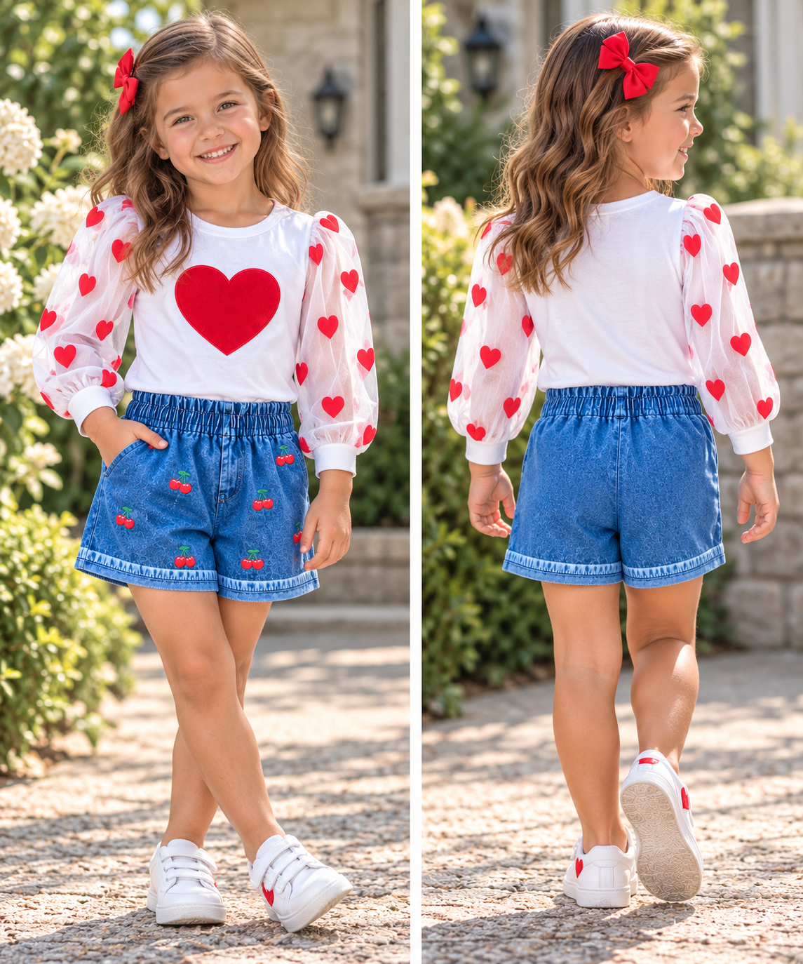 Girls Heart Tulle Sleeve Top & Cherry Denim-Style Shorts Set