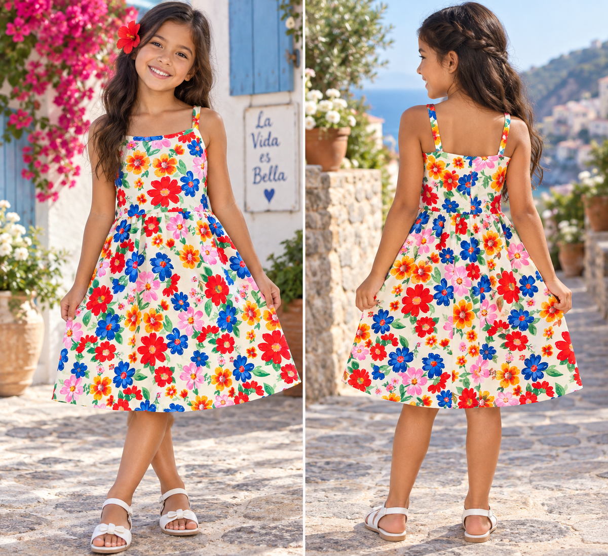 Girls Multicolor Floral Spaghetti Strap Dress