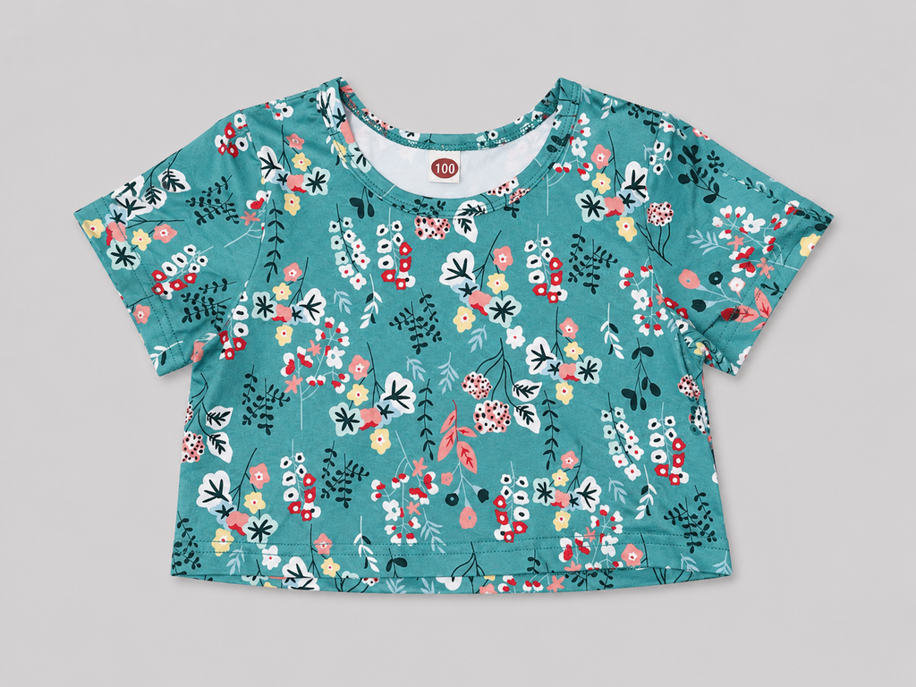 Girls' teal floral print short-sleeve top featuring a colorful botanical pattern and comfortable everyday style.  perfect for school, casual outings, spring, summer, and everyday wear.