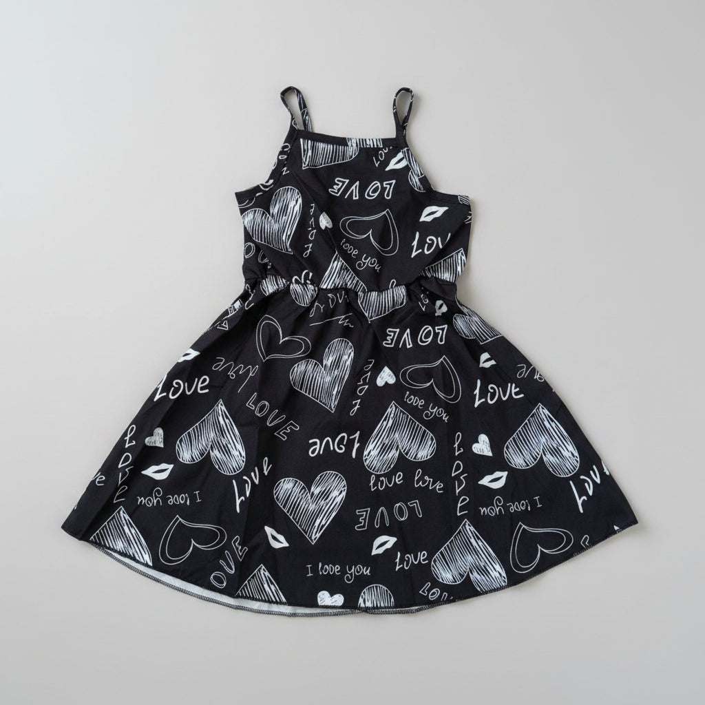 Girls Black Heart Print Ruffle Dress featuring adjustable spaghetti straps, playful heart graphics, and a comfortable twirl-worthy fit. Perfect for everyday wear, Valentine's Day, parties, and special occasions.