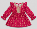 Elegant girls' burgundy cold shoulder dress with gold embroidery and foil details. Perfect for holidays, birthdays, weddings, and special occasions.