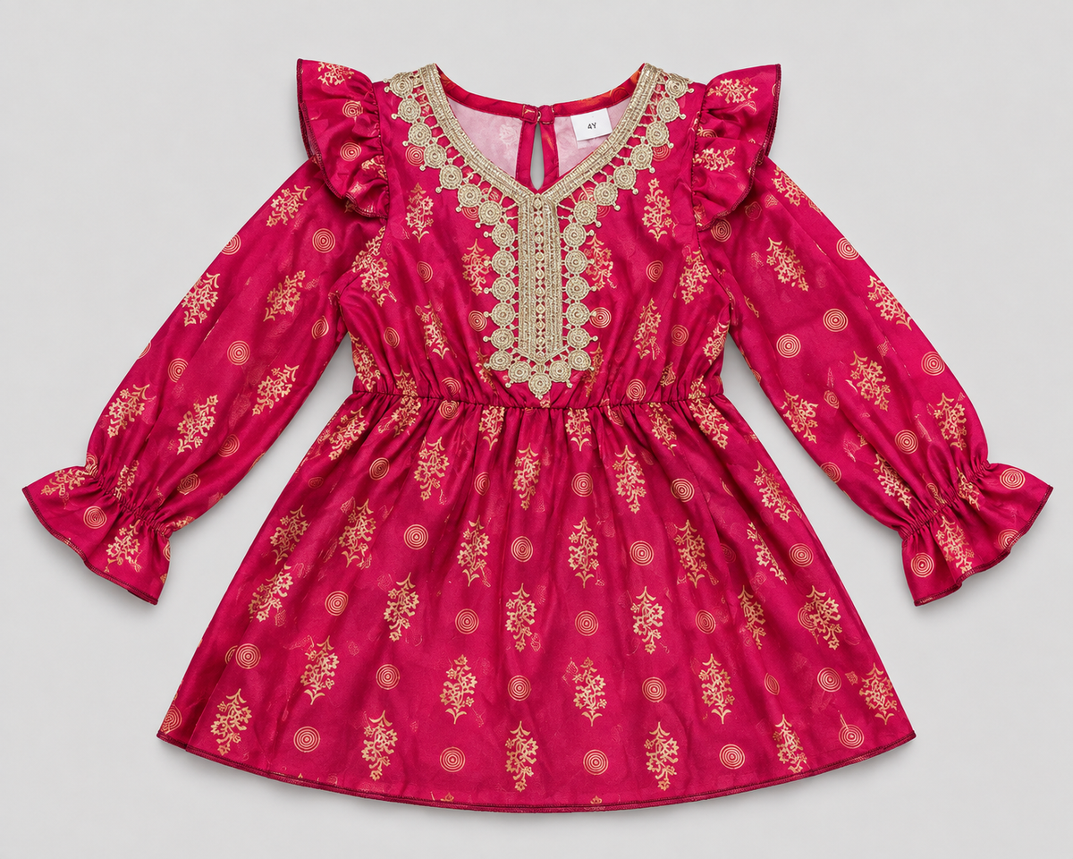 Elegant girls' burgundy cold shoulder dress with gold embroidery and foil details. Perfect for holidays, birthdays, weddings, and special occasions.