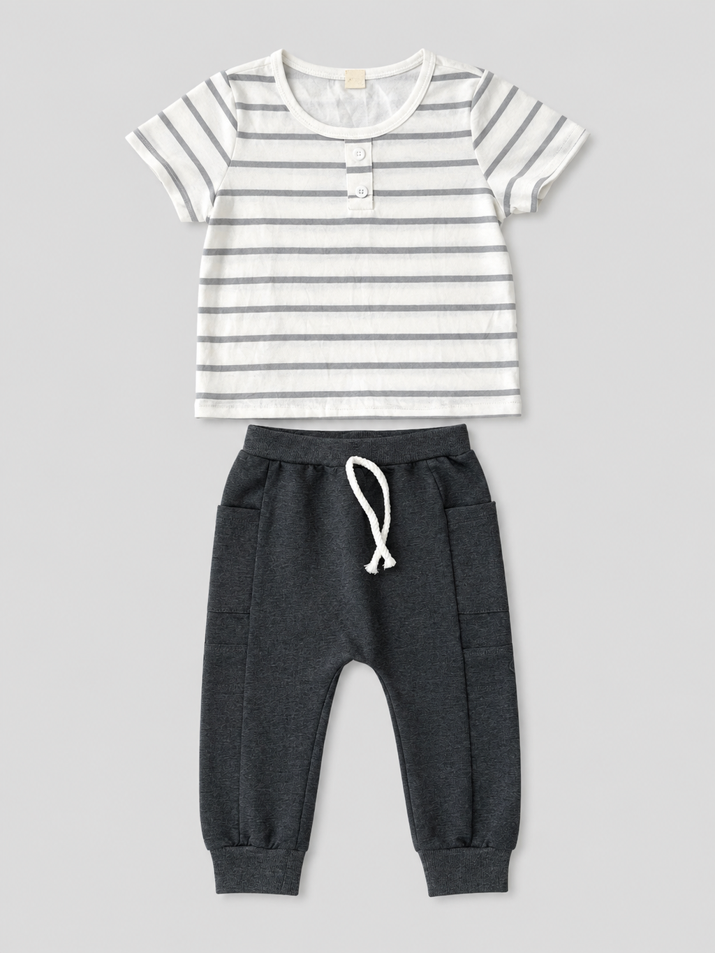 Baby boys white and gray striped short-sleeve T-shirt with charcoal jogger pants two-piece outfit, front view, size 12–18M.