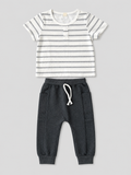 Baby boys white and gray striped short-sleeve T-shirt with charcoal jogger pants two-piece outfit, front view, size 12–18M.