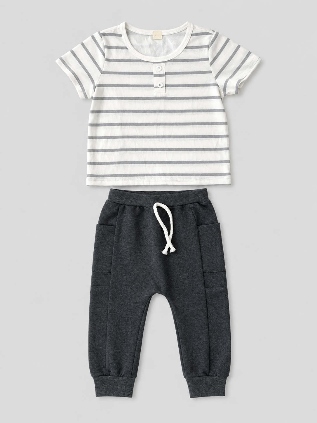Baby boys white and gray striped short-sleeve T-shirt with charcoal jogger pants two-piece outfit, front view, size 12–18M.