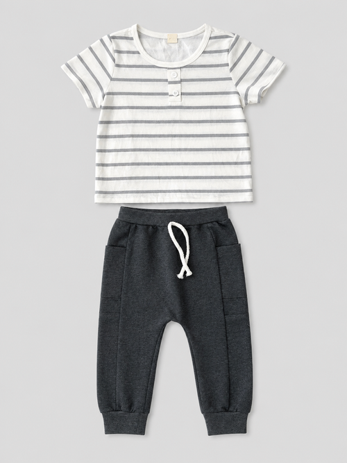 Baby boys white and gray striped short-sleeve T-shirt with charcoal jogger pants two-piece outfit, front view, size 12–18M.