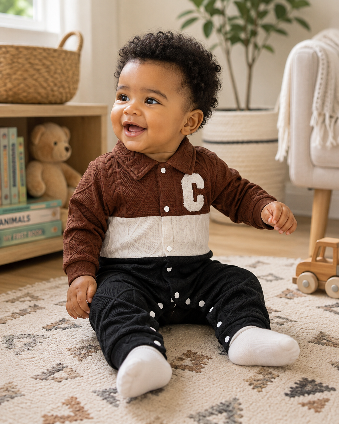 Brown, Cream & Black Cable Knit Baby Romper