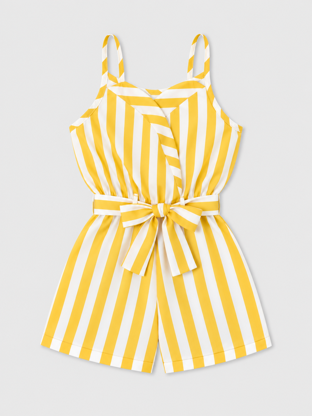 A yellow and white vertically striped romper with thin shoulder straps, a wrap-style bodice, and a matching waist tie.