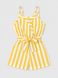 A yellow and white vertically striped romper with thin shoulder straps, a wrap-style bodice, and a matching waist tie.