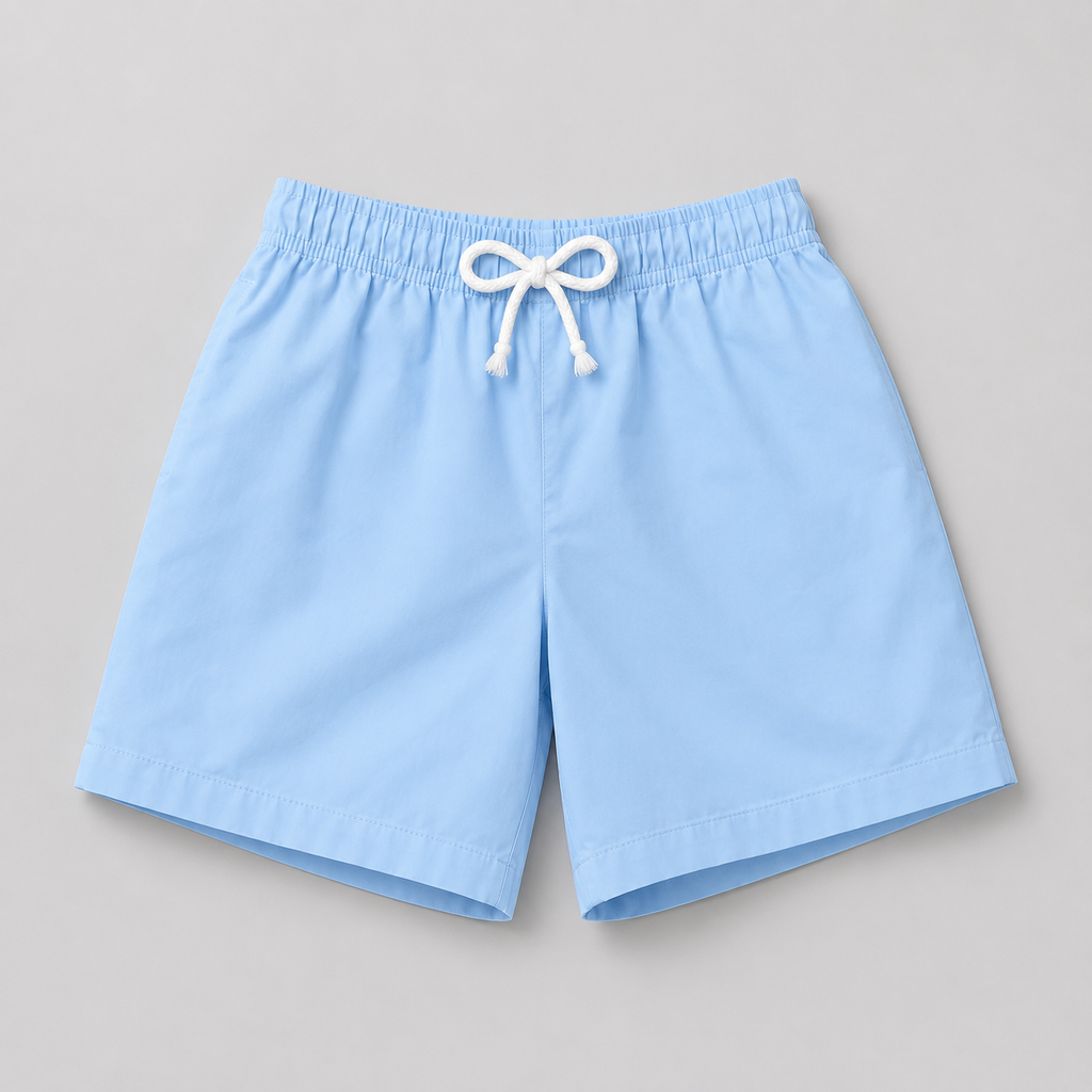 Shop these classic light blue kids' shorts featuring an elastic waistband and white drawstring. A comfortable and versatile everyday style perfect for boys or girls.
