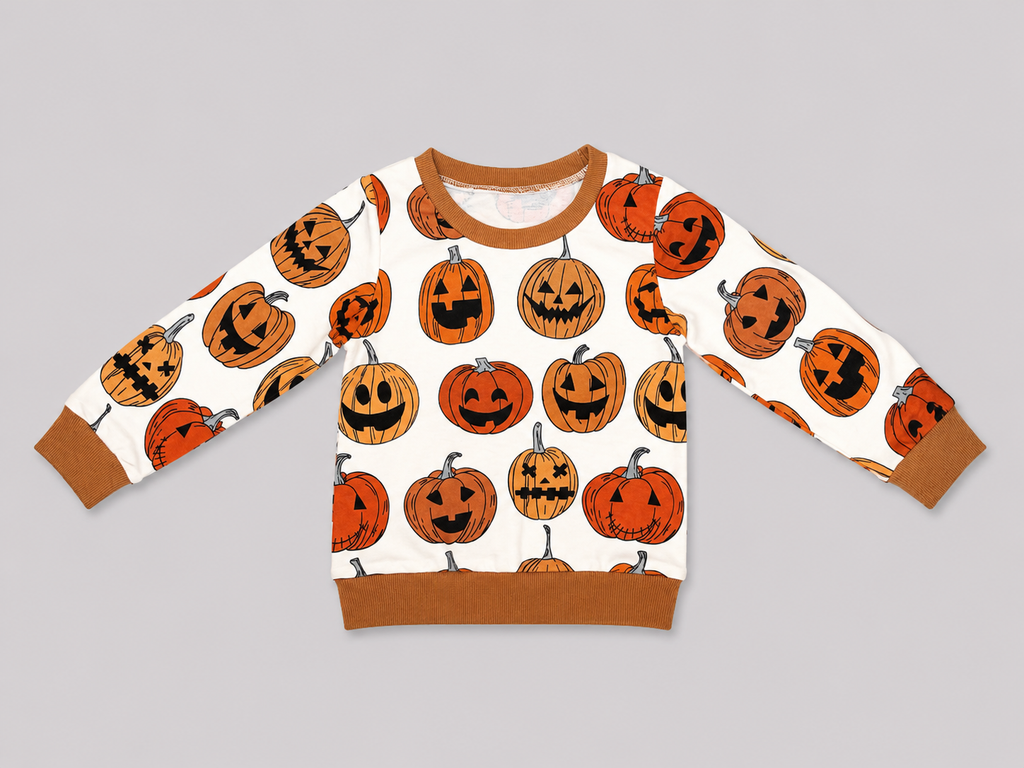 Shop the adorable Pumpkin Patch Kids Ribbed Sweatshirt featuring playful jack-o’-lanterns, cozy long sleeves, and rust-brown ribbed trim. Perfect for fall, Halloween, and pumpkin patch adventures.