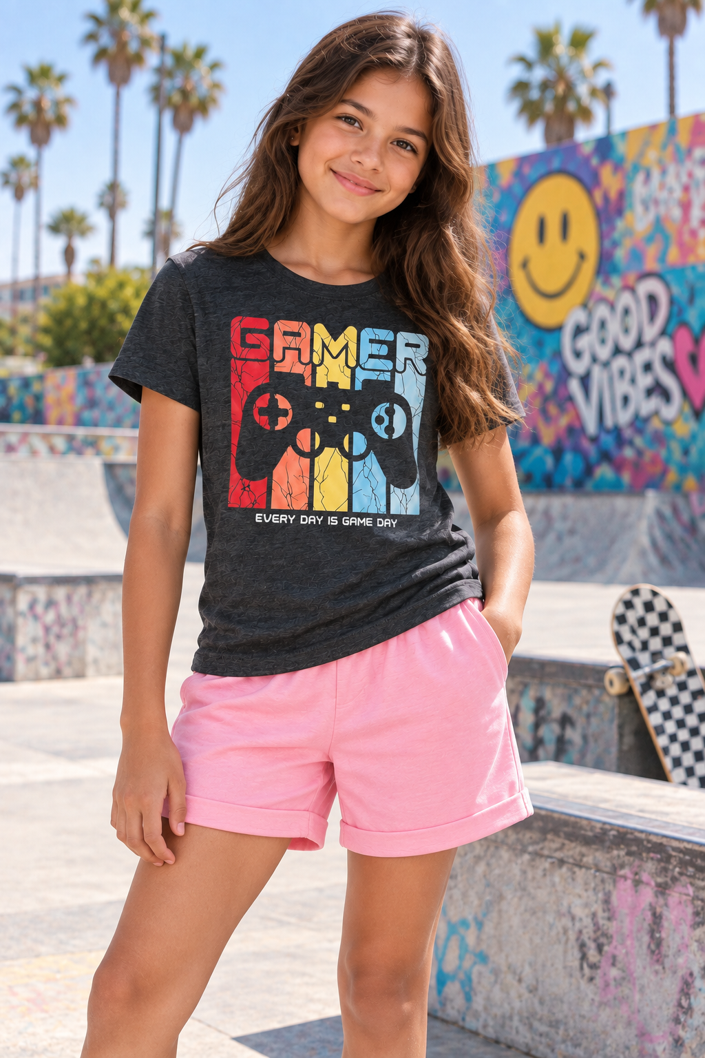 Gamer Graphic T-Shirt & Pink Shorts Set