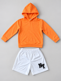 Kids orange pullover hoodie and white NY graphic shorts two-piece outfit, front view
