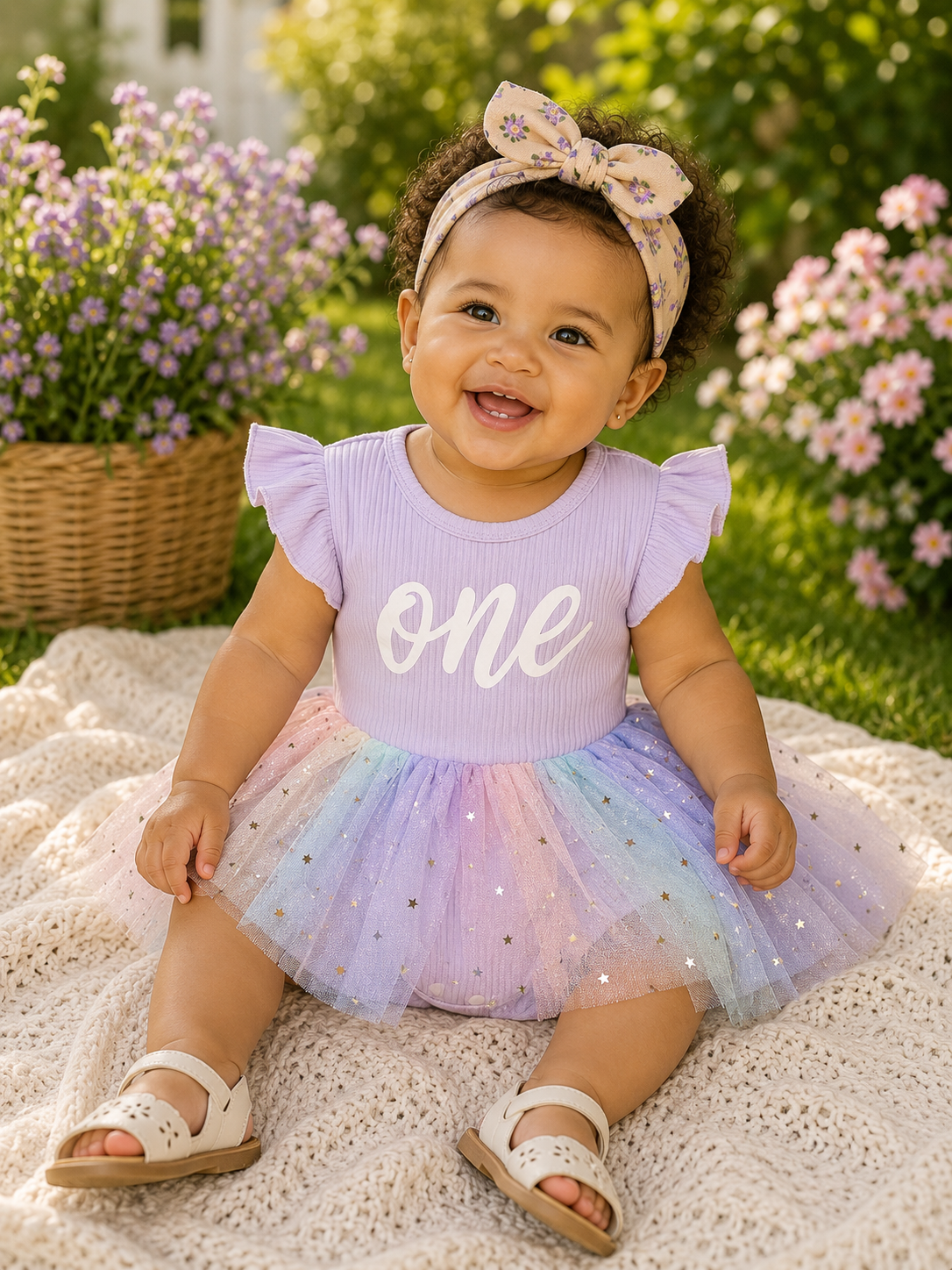 Baby Girl "One" Rainbow Tutu Bodysuit – First Birthday Flutter Sleeve Tulle Outfit