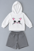Girls white hooded cat face top with black and white gingham shorts two-piece outfit