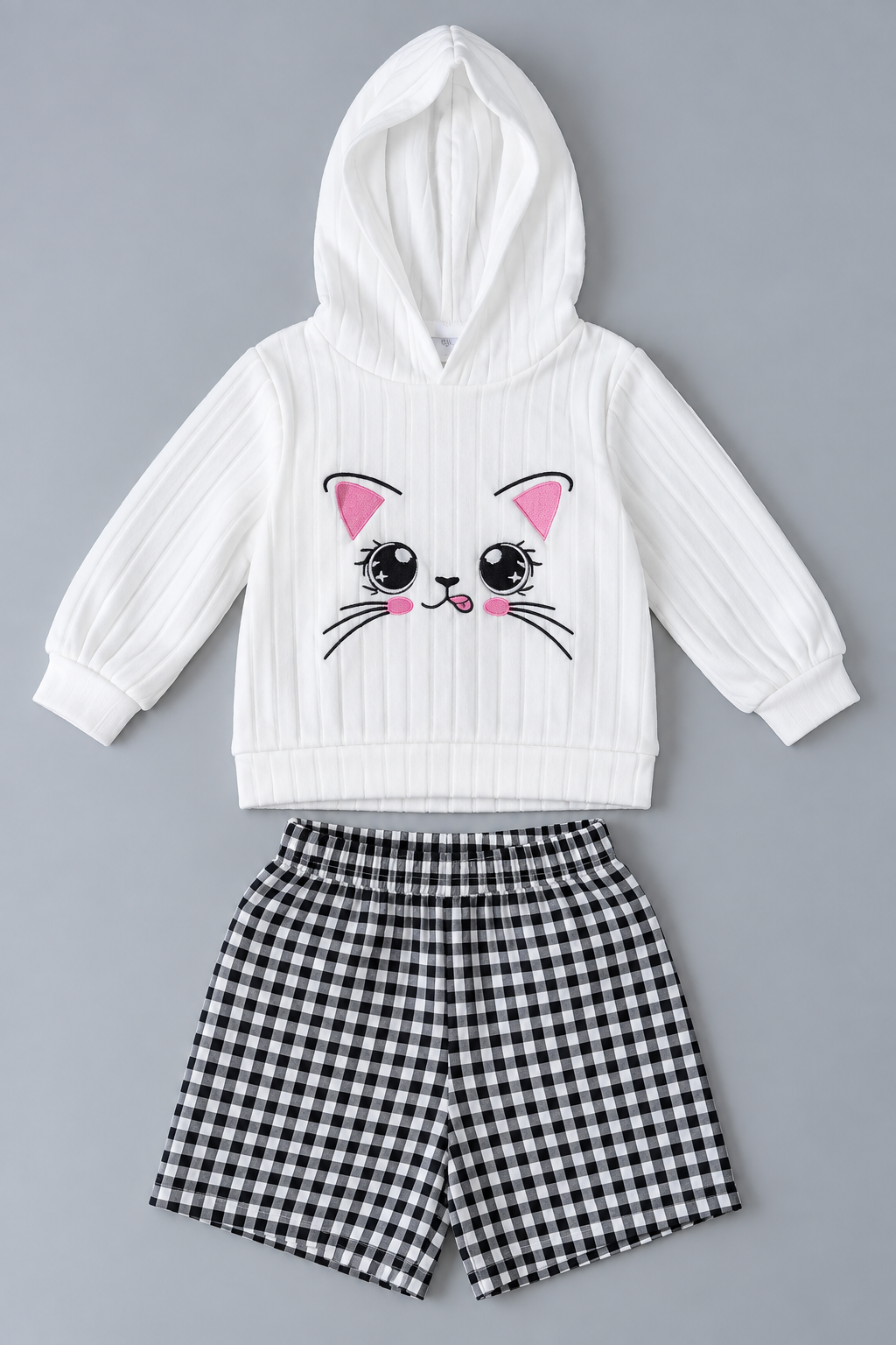 Girls white hooded cat face top with black and white gingham shorts two-piece outfit