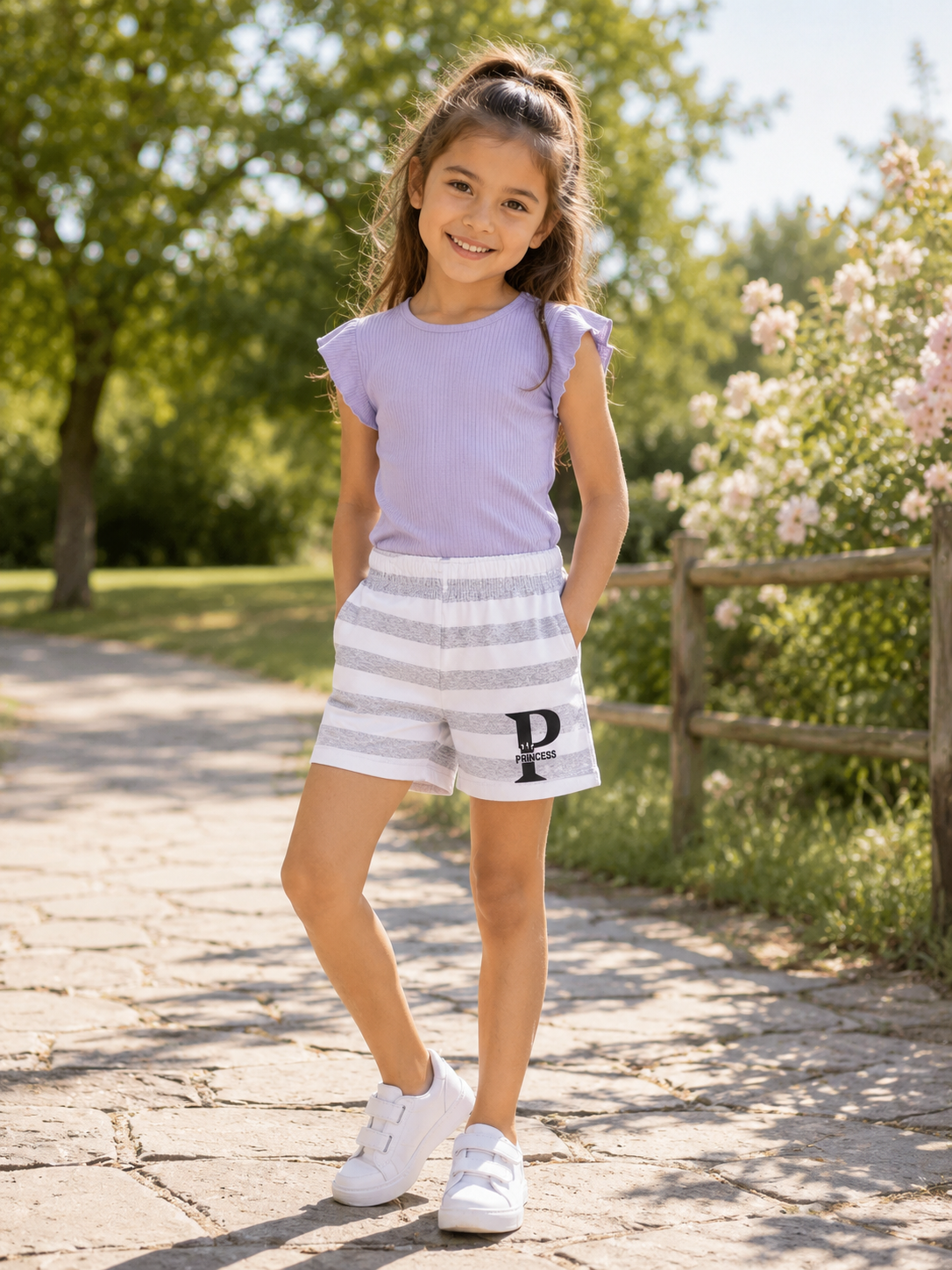 Gray & White Princess Striped Athletic Shorts