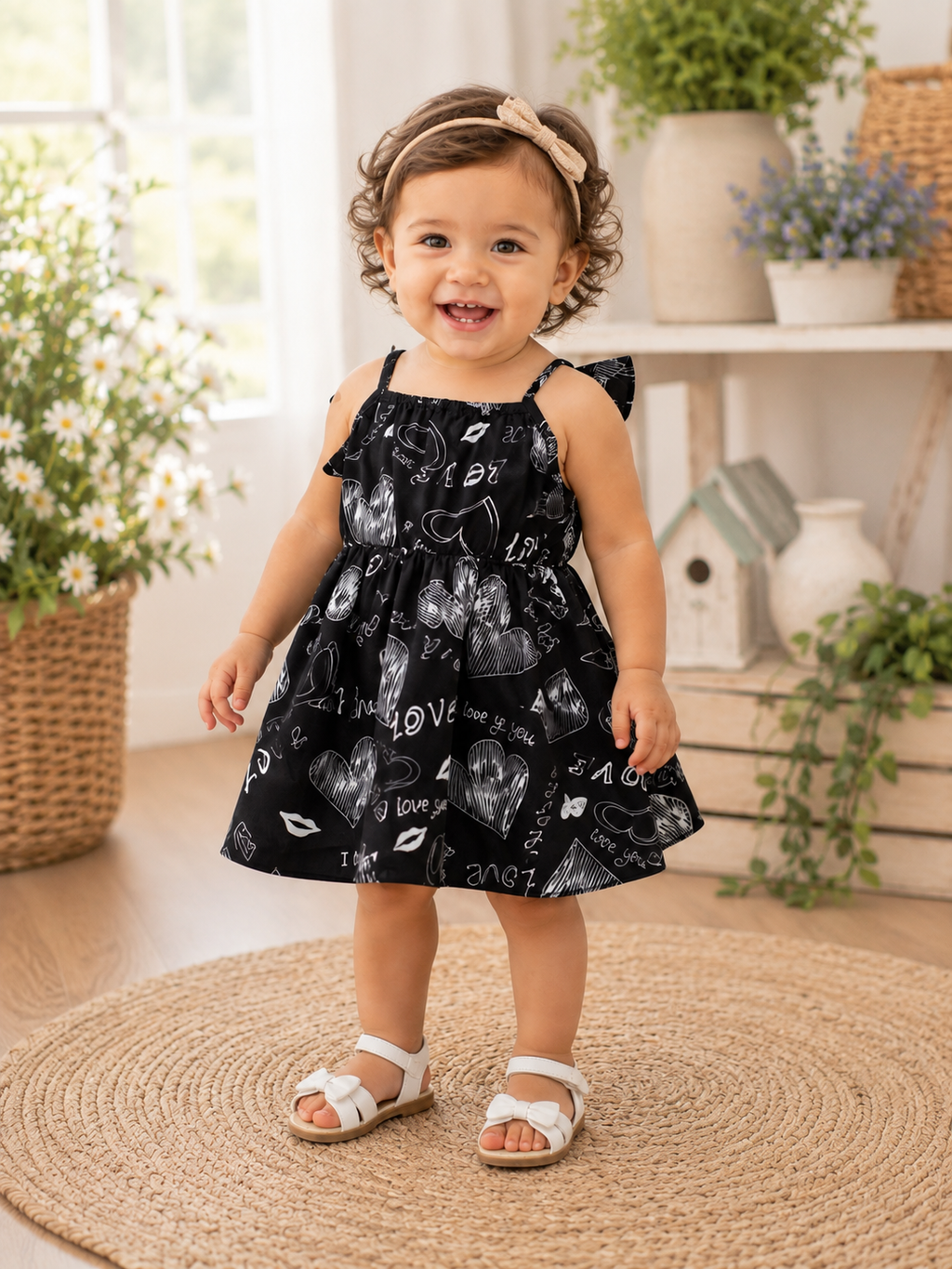 Girls Black Heart Print Ruffle Dress