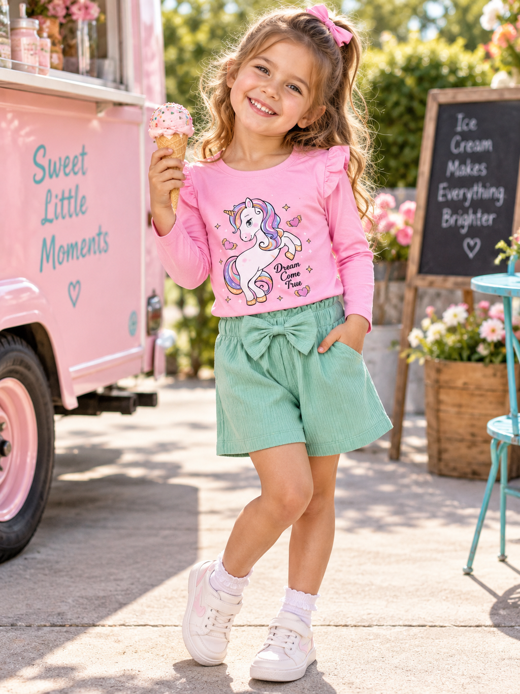 A young girl stands outdoors in front of a pink ice cream truck, wearing a pink long-sleeve unicorn graphic top and mint green shorts. She holds an ice cream cone and smiles, with flowers and a chalkboard sign in the background.