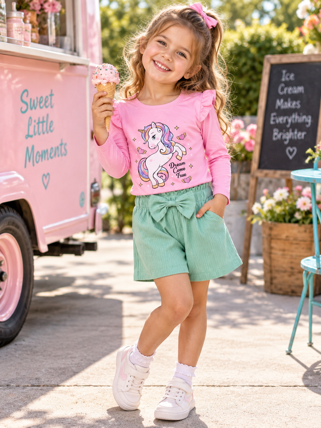 A young girl stands outdoors in front of a pink ice cream truck, wearing a pink long-sleeve unicorn graphic top and mint green shorts. She holds an ice cream cone and smiles, with flowers and a chalkboard sign in the background.