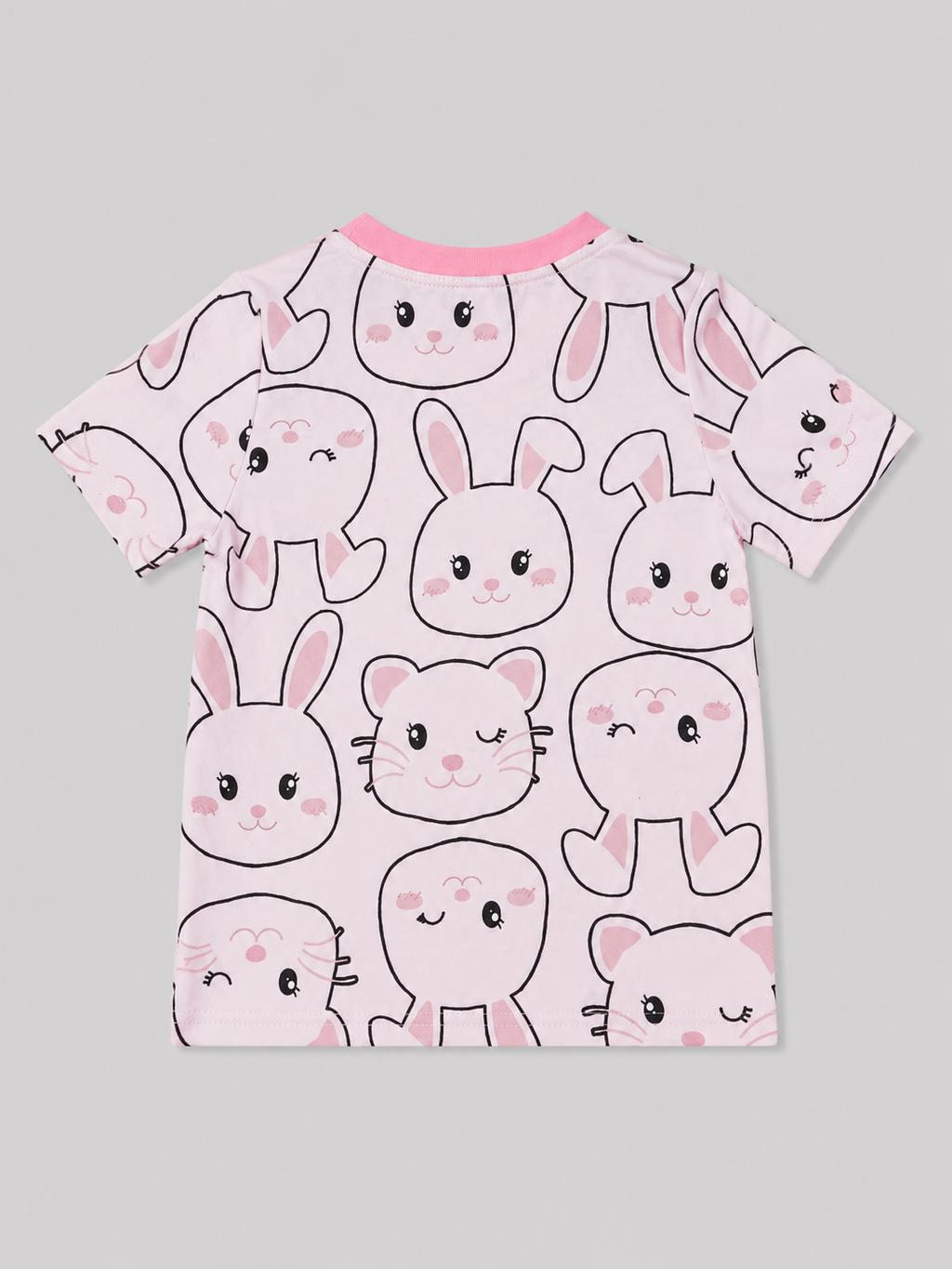 Adorable pink girls' short-sleeve top featuring a cute bunny and kitty print with a pink ribbed neckline. A playful choice for everyday wear, school, playdates, and casual outfits.