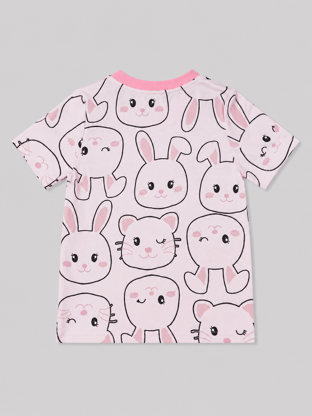 Adorable pink girls' short-sleeve top featuring a cute bunny and kitty print with a pink ribbed neckline. A playful choice for everyday wear, school, playdates, and casual outfits.