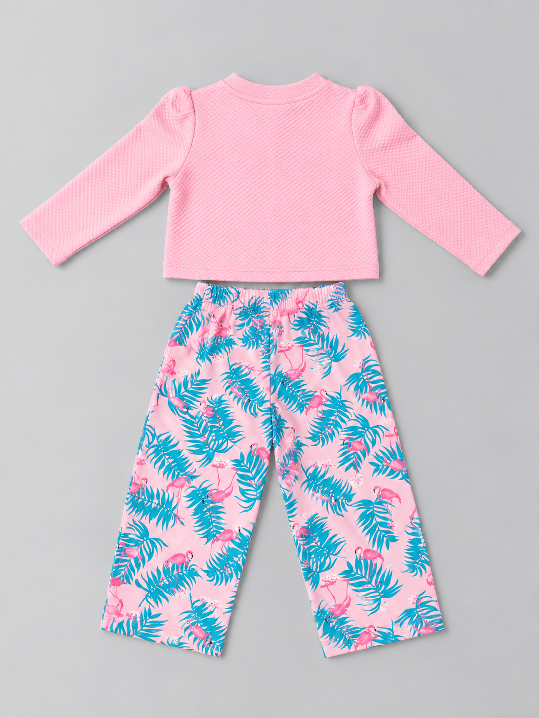 Girls pink textured long-sleeve top and tropical flamingo print pants two-piece outfit, back view
