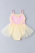 Pink and ivory striped toddler one-piece swimsuit with heart-shaped ruffle bodice, center bow and layered ivory tulle tutu.