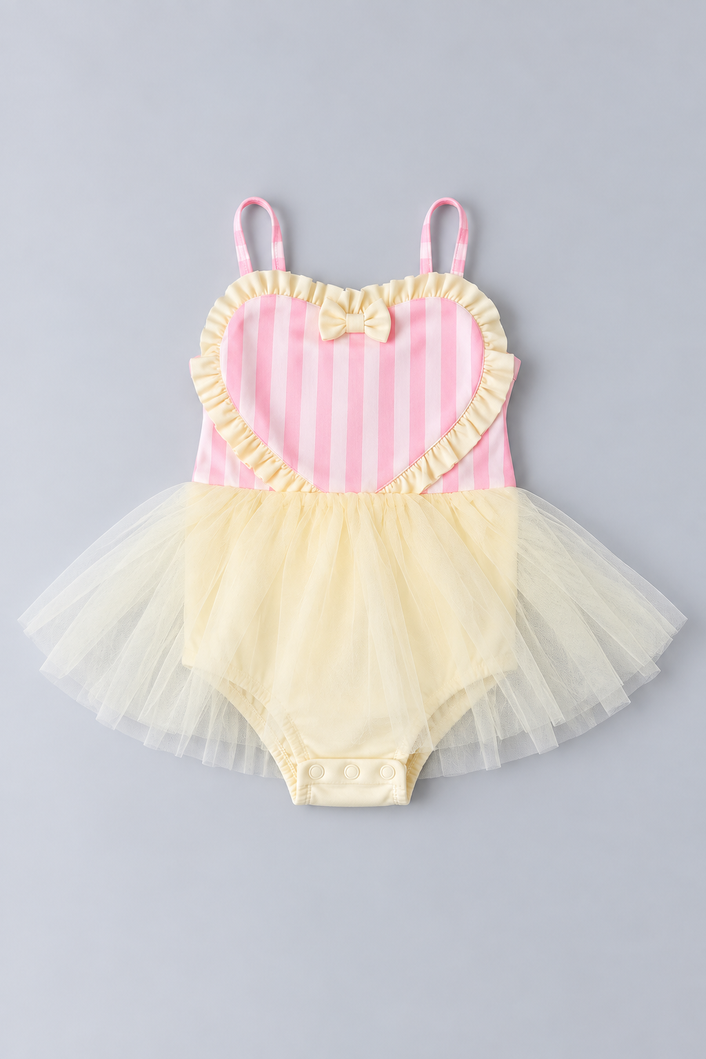 Pink and ivory striped toddler one-piece swimsuit with heart-shaped ruffle bodice, center bow and layered ivory tulle tutu.