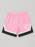 Pink and black girls' athletic shorts featuring a bold number 10 graphic, elasticized waistband, and sporty color-blocked design. Perfect for active play, casual wear, and summer outfits.