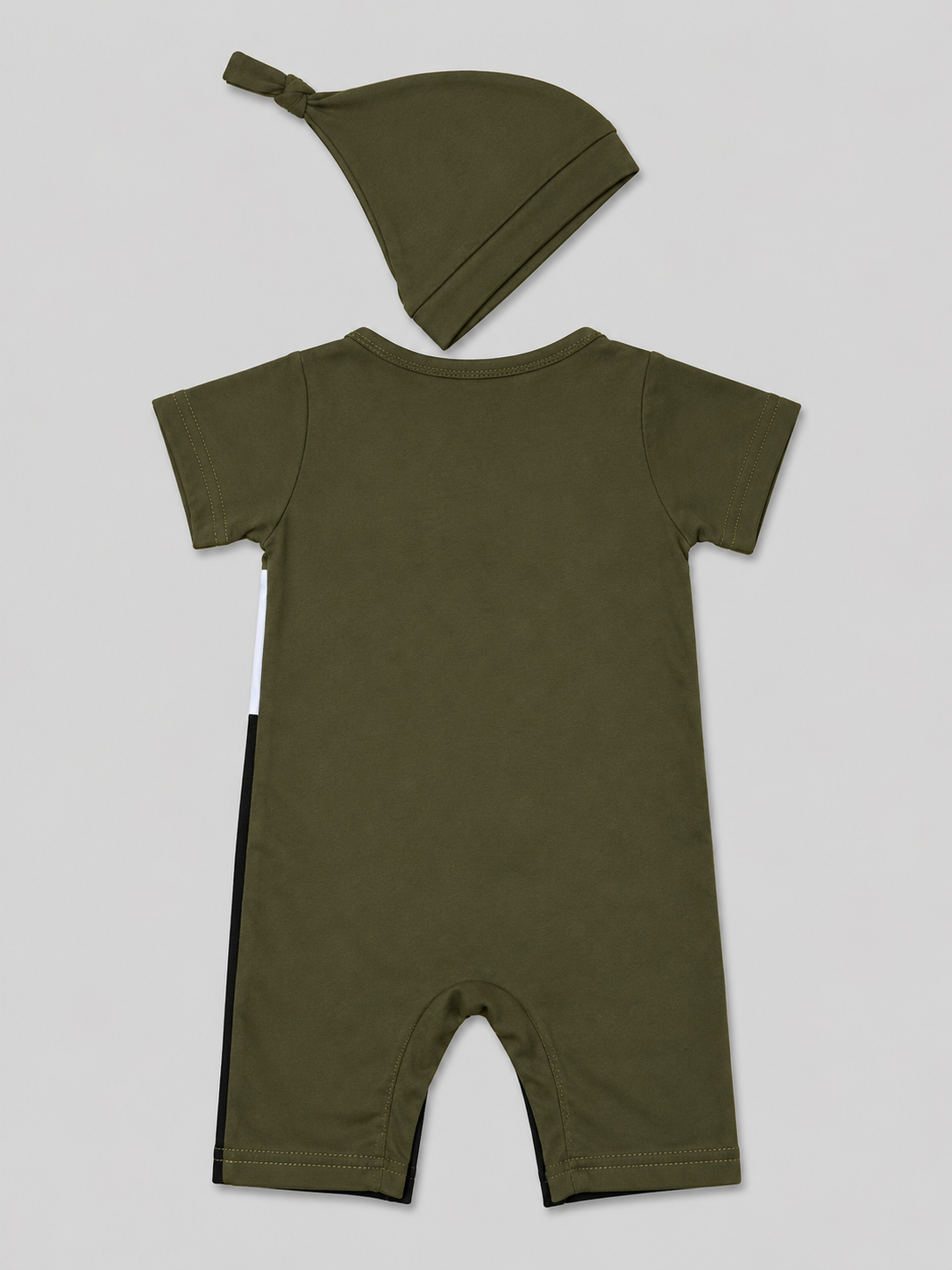 Modern baby boys olive green color block romper with matching knotted hat. Soft, comfortable one-piece outfit perfect for newborns, baby showers, family photos, and everyday wear.