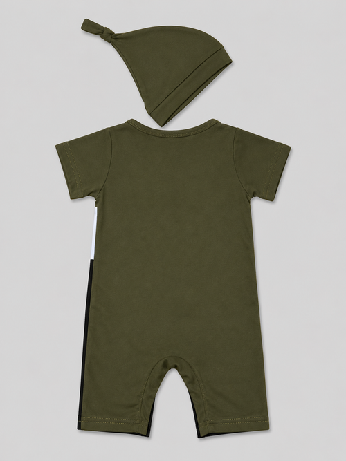 Modern baby boys olive green color block romper with matching knotted hat. Soft, comfortable one-piece outfit perfect for newborns, baby showers, family photos, and everyday wear.
