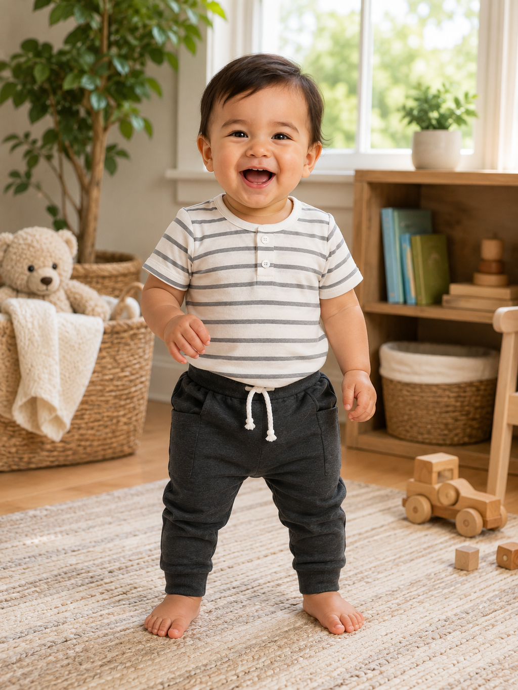 A smiling toddler stands barefoot on a woven rug in a bright nursery, wearing a short-sleeve striped henley shirt in off-white and gray with dark charcoal pants.