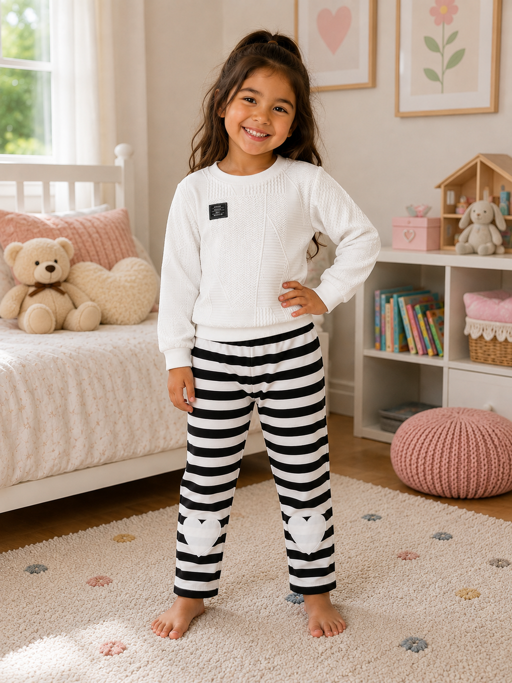 A young girl stands barefoot in a child's bedroom, wearing a white long-sleeve knit top and black-and-white striped pajama pants with white bear graphics near the knees.