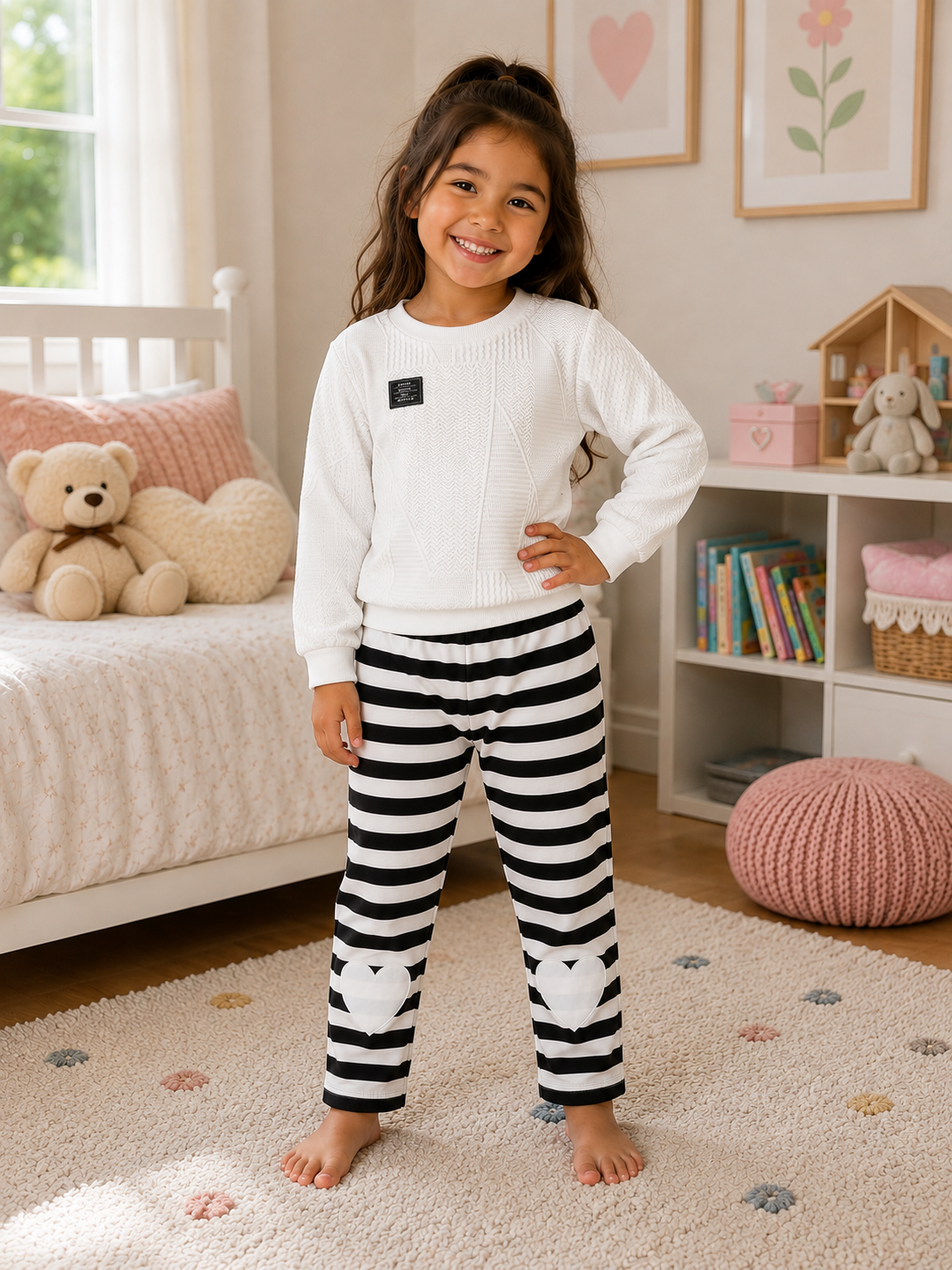 A young girl stands barefoot in a child's bedroom, wearing a white long-sleeve knit top and black-and-white striped pajama pants with white bear graphics near the knees.