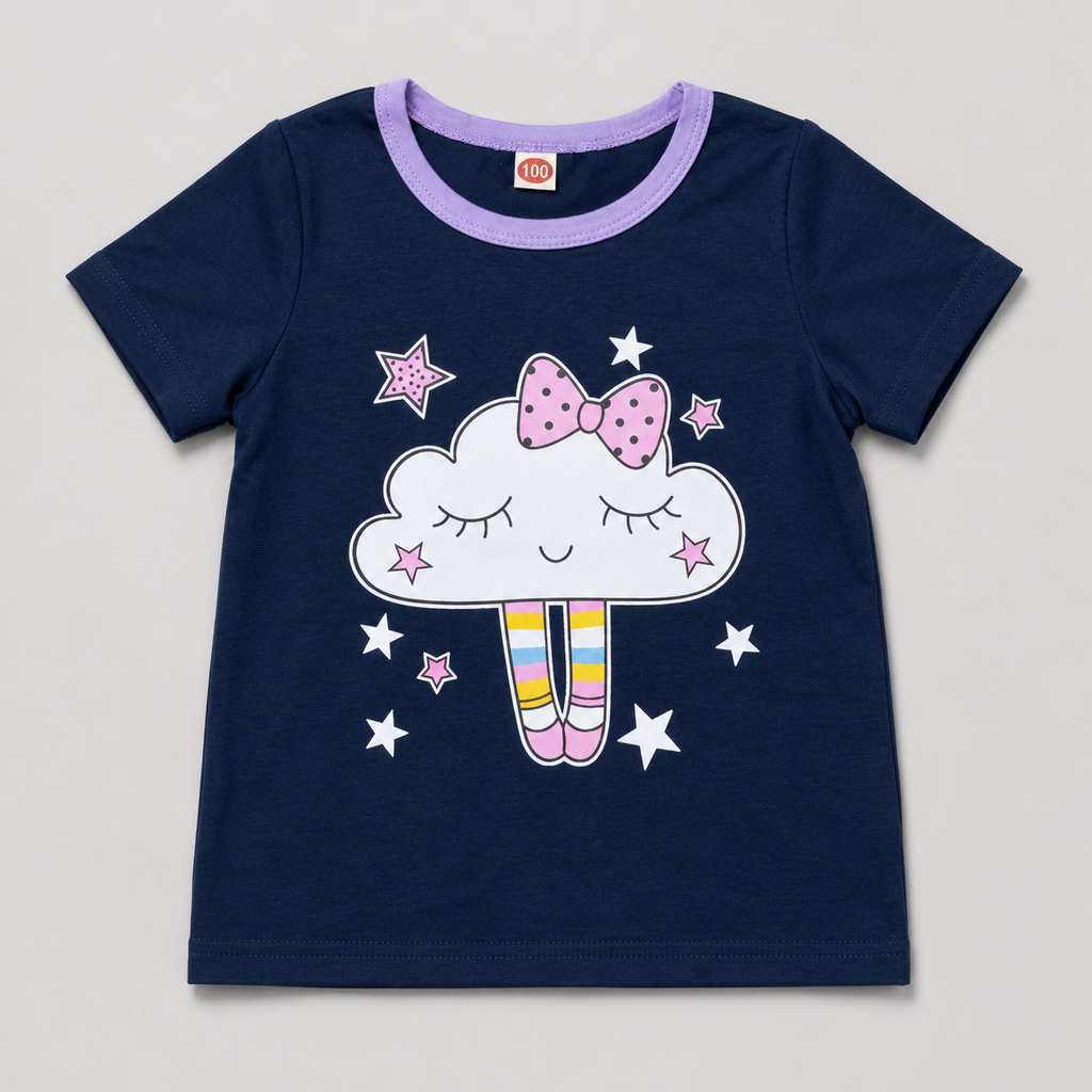 Shop this adorable navy and lavender girls T-shirt featuring a sweet cloud, pink bow, rainbow details, and stars. A fun and versatile short-sleeve top for everyday wear.