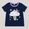 Shop this adorable navy and lavender girls T-shirt featuring a sweet cloud, pink bow, rainbow details, and stars. A fun and versatile short-sleeve top for everyday wear.