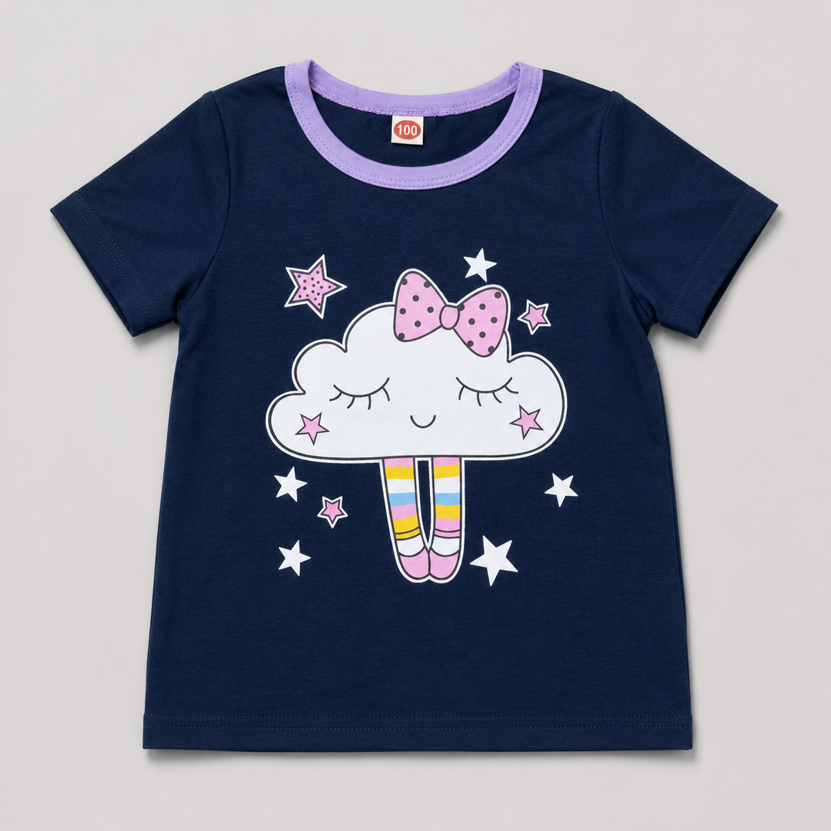 Shop this adorable navy and lavender girls T-shirt featuring a sweet cloud, pink bow, rainbow details, and stars. A fun and versatile short-sleeve top for everyday wear.
