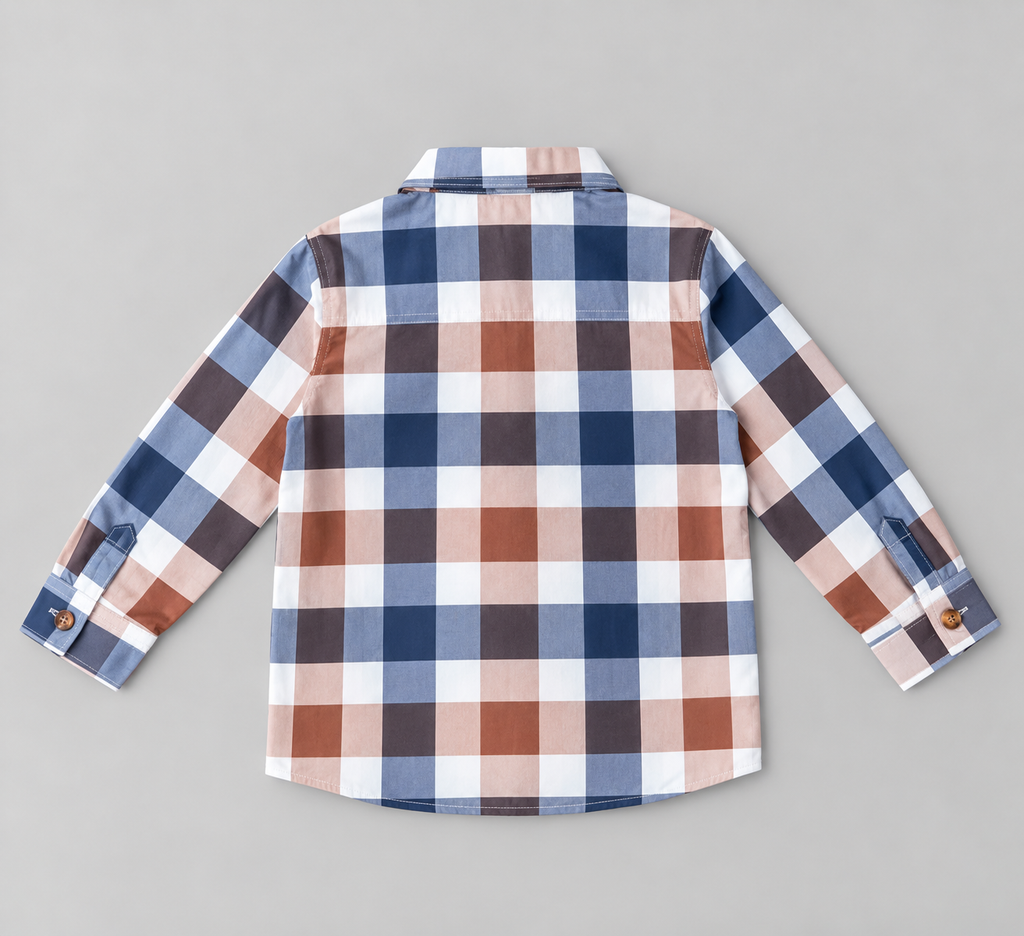 Back view of boys blue brown taupe and white plaid long-sleeve button-up shirt