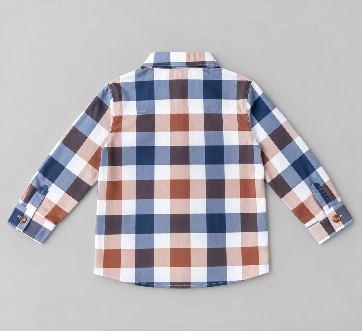 Back view of boys blue brown taupe and white plaid long-sleeve button-up shirt
