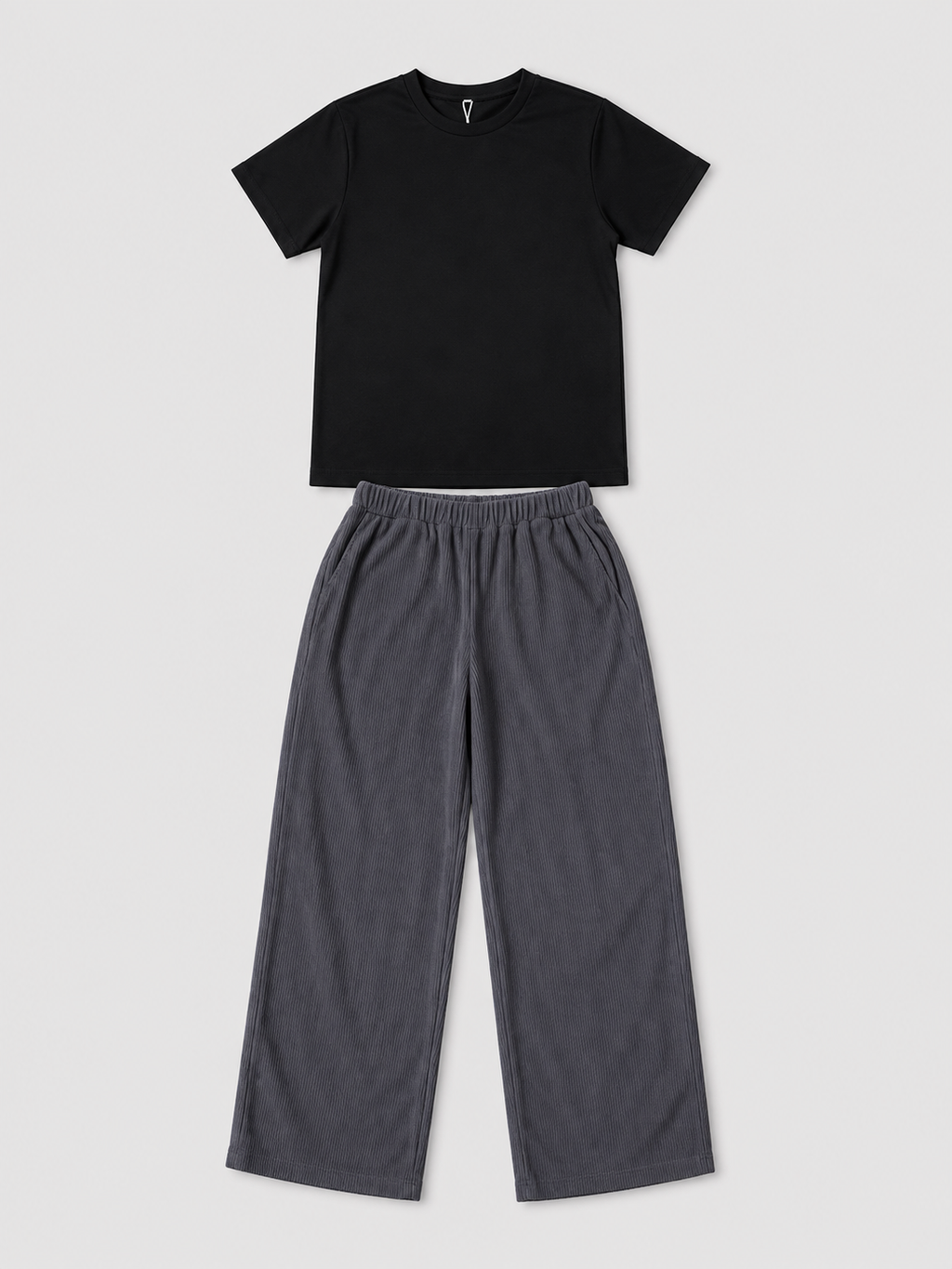 Shop the Black Tee & Charcoal Corduroy Wide-Leg Pants Set for kids. Featuring a classic black tee and relaxed charcoal textured pants with an elastic waistband for comfortable everyday wear.