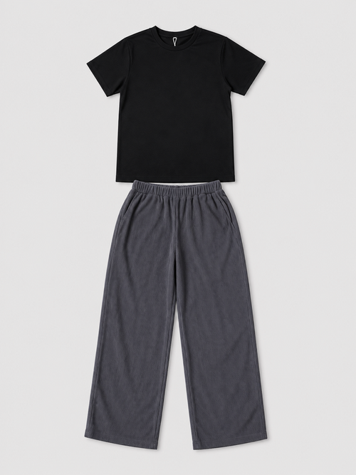 Shop the Black Tee & Charcoal Corduroy Wide-Leg Pants Set for kids. Featuring a classic black tee and relaxed charcoal textured pants with an elastic waistband for comfortable everyday wear.